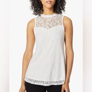Bcx Women'S White Floral Lace Mock Neck Sleeveless Woven Blouse Top